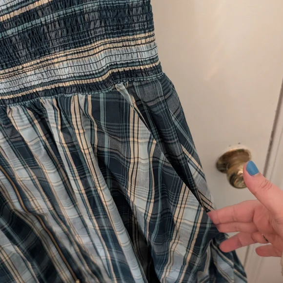 Anthropologie Teal Plaid Midi Dress with Smocked Waist - Picture 7 of 9